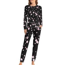 VYJLOO Kirschblüten Damen Schlafanzug Lange Pyjama Set Zweiteiliger Nachtwäsche Langarm Hausanzug Sleepwear von VYJLOO