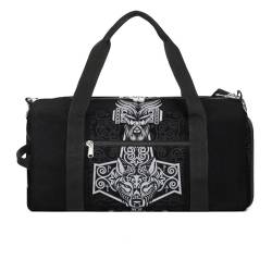 Wikinger Fenrir Wolf Sporttasche für Männer Frauen Schwimmen Workout, Schwarze Fitnesstasche mit Nassfach und Schuhfach, Thors Hammer Leicht Wasserdicht Reisetasche (Color : A8) von VZXATYOP