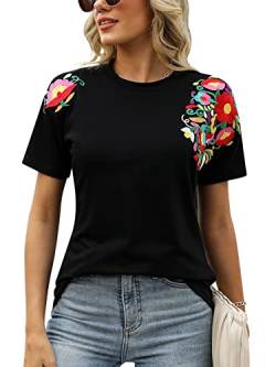 Mexikanische Hemden für Frauen bestickte Oberteile traditionelle Damen lässige florale Tunika Rundhals Kurzarm Huipil, Schwarz, 3X-Groß von Vackutliv