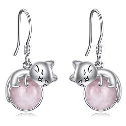 Vadmans Katze Ohrringe Sterling Silber Rosenquarz Ohrringe Schmuck Geschenke für Mädchen Damen Baumeln von Vadmans