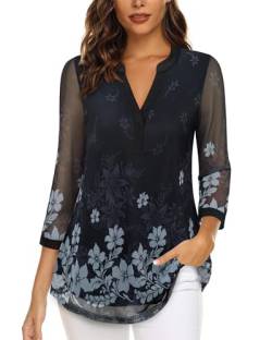 Vafoly Bluse Damen Elegant 3/4 Arm: Blumen Tunika Damen - Bluse Frauen V Ausschnitt - Doppellagig Mesh-Tuniken - Damen Bluse Festlich Stretch Oberbekleidung Schwarz Grau XL von Vafoly