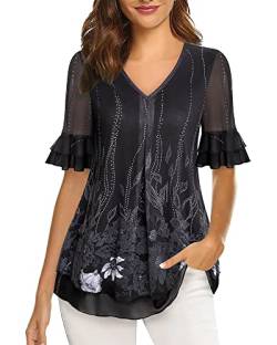 Vafoly Bluse für Frauen, Damen Kurzarm Tunika Lässig Entspannt Einfache Shirts für Frühling Sommer Weich und Bequem Bluse Plissiert Mesh Tuniken Oberteile Multicolor Schwarz M von Vafoly