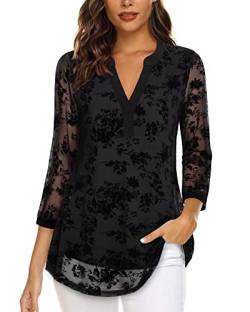 Vafoly Blusen für Frauen mit V-Ausschnitt Damen Bluse 3/4 Arm Blumen Tunika Frauen Büro Casual Business Attire Elegant Doppellagig Mesh Locker Longshirt Frühling Beflockte Schwarze Blumen XXL von Vafoly