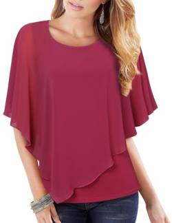 Vafoly Damen Blusen Business Casual Festlich Blusen Damen Elegant Chiffon Bluse Kurzarm Rundhalls Oberteile Doppelschicht Tunika für Frauen Leichtes Fließendes Shirt Einfarbig Sommer Kirsche Rot M von Vafoly