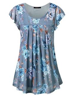 Vafoly Damen Blusen Mit Rüschen Kurzarm Falten Tunika Damen Casual Chiffon Oberteile Rundkragen Mesh Blusen Elegante Oberteile Elegant Damen Grau Blau L von Vafoly