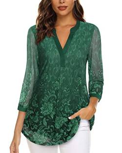 Vafoly Damen-Blusen mit 3/4-Ärmeln lässig V-Ausschnitt Hemden doppellagig Mesh-Tuniken Oberteile Multicolor Grün 3XL von Vafoly