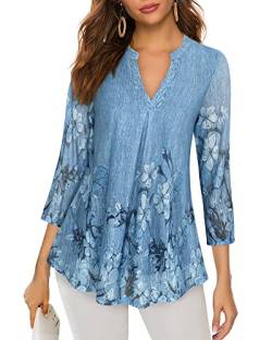 Vafoly Damen Business Casual Tunika-Tops Festliche Blusen Damen Elegant 3/4 Ärmel Stilvolle Bequeme A-Linien-Tops Plissee-Front Doppellagige-Tuniken Blumen Bedruckte Netzhemden Blau Blumen L von Vafoly