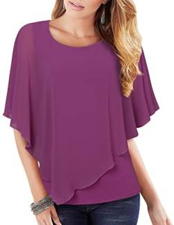 Vafoly Damen Chiffon Bluse Tunika Kurzarm Elegant Hemd Festlich Rundhals Ausschnitt Oberteile Tops Leicht Weich Bequem Alltagskleidung Bluse Mode Büro 2022 Schmeichelndes Hemd Violett L von Vafoly