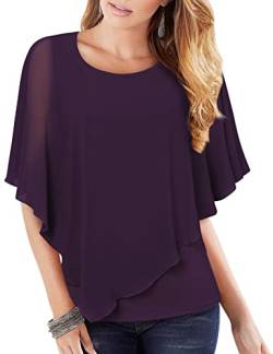 Vafoly Damen Chiffon Lose Fledermaus Bluse mit Kurzen Flatter ärmel Leichte Fließende Bluse Rundhalsausschnitt Doppellagige Poncho Tuniken Moosgrün XL von Vafoly