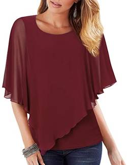 Vafoly Damen Chiffonbluse Sommer Lässige Rundhals Shirt Schmeichelnde Oberteile um Den Bauch zu Verstecken 3/4 arm Business Casual Lagen Festtags Kleidung Fließend Bequem Poncho Tunika Weinrot L von Vafoly