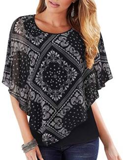 Vafoly Damen Elegant Bluse für Die Arbeit Tunika Locker Lässige Kurzarm Chiffon Hemd Doppellagige PonchoBluse für Damen zu Tragen mit Leggings Sommer Cool Top mit Abgerundetem Saum Schwarz Weiß XL von Vafoly