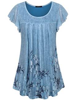 Vafoly Damen Sommer Tops, Damen Tunika Tops Casual Shirts Rüschenärmel Layered Bluse Tops Rundhalsausschnitt A-Linie Plissee Büro Bluse für Frauen für Sommer Blaue Blumen L von Vafoly