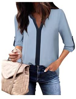 Vafoly Damen Tops Color Block Bluse 3/4 Rollärmel Arbeitshemd Patchwork V-Ausschnitt Chiffon Tuniken Business Casual Outfit Blau Grau, Groß von Vafoly