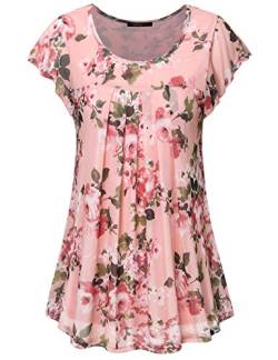 Vafoly Damen Tunika Shirts, Damen Freizeit Sommer Bluse Kurzarm O Neck Geschwungener Saum Blumen Oberteile Shirt mit Falten Pink XXL von Vafoly