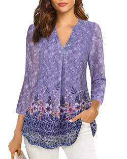 Vafoly Elegant Top Damen Festlich Lässig Damen 3/4-Ärmel Henley V-Ausschnitt Tuniken Herbst Blumen Bluse Business Casual Bluse zu Tragen mit Leggings Büro Arbeitskleidung Multicolor Violett XXL von Vafoly