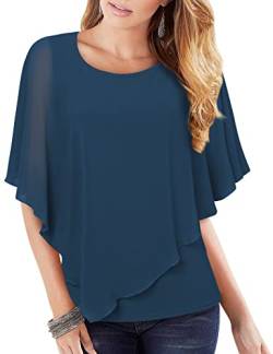 Vafoly Elegante Damen Kurzarm Tunika Blusen Business Casual Damen Oberteil Fließendes Doppellagig Tunika Chiffon Sommer Mode 2022 Schmeichelhafter Arbeitsponcho Tunika Blue L von Vafoly