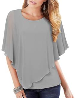 Vafoly Fledermaus Bluse Tunika Damen Business Casual Oberteil Festliche Blusen Damen Elegant Chiffon Bluse Kurzarm Frauen Rundhals Tunika für Party Fließende Mode 2024 Geschichtetes Top Grau XXL von Vafoly