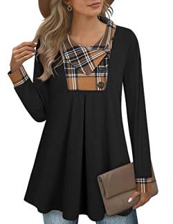 Vafoly Frauen Langen Armel Tunika Blusen, Damen Plaid Pullover Elegant Wasserfallausschnitt Wintertunika Ausgestellte Baumwolle Warme Herbst Strick Sweatshirts Weihnachts Tops Schwarz Kaffee M von Vafoly