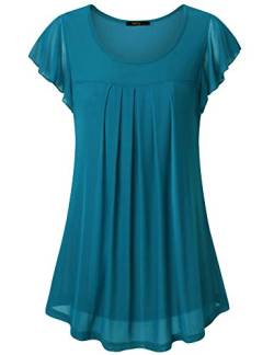 Vafoly Oberteile Falten Top Frauen Kurzarm Mit Rundkragen Blusen Elegante Festlich Sommer Stretchy Flowy Tunika Solide Dunkler Cyan XL von Vafoly