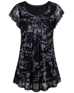 Vafoly Tunika Blusen für Damen Sommer Kurzarm Blumen Tunika Casual Loose Fit Floral Bluse für Frauen Arbeit Rundhalsausschnitt Layered Shirt für Leggings für Frauen Schwarze Weiße Blumen 3XL von Vafoly