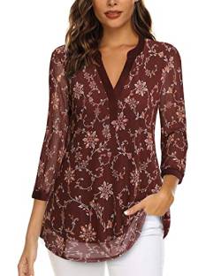 Vafoly Tunika Tops für Frauen V-Ausschnitt Langarmshirt Elegant Oberteil Business Casual 3/4 Ärmel Oberteile Top Frühling Herbst Blusen Loose Fit Bürokleidung Dunkelrot Blumen L von Vafoly