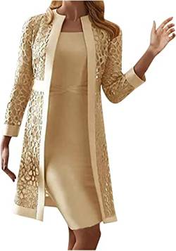 2023 Frauen Anzug solide Farbe Spitze Strickjacke Rundhalsausschnitt Kleid Zweiteilige Set Langarm Rundhalsausschnitt Arbeitskleidung lässig Kleid elegant Hochzeitskleid (Gold,L) von Vagbalena