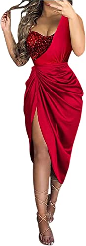Damen Cocktailkleid Formell Elegant Bleistift Midi EIN-Schulter Partykleid Pailletten Schlank Sexy EIN-Schulter Schlitz Midi Kleid Abendkleid (Rot,M) von Vagbalena