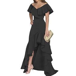 Damen Elegant Trägerlos Ballkleid V-Ausschnitt Lang Hoch Niedrig Unregelmäßig Gestreift Rüsche Elegantes Kleid 2023 Puffärmel Formales Kleid (Schwarz,XL) von Vagbalena