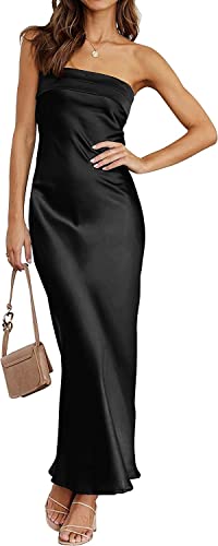 Damen Sommer 2023 Satin Trägerloses Kleid Elegante Kleider Abend Party Abendkleider Sexy Rückenfrei Hochzeit Cocktail Maxi Kleid (Schwarz,M) von Vagbalena