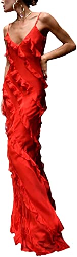 Damen Spaghettiträger Ärmelloses Hohl Maxi Kleid Rückenfreies Kleid Floral Quaste Langes Kleid Y2k Ärmelloses Rückenfreies Quastenkleid Transparentes Tüllkleid (Rot,M) von Vagbalena