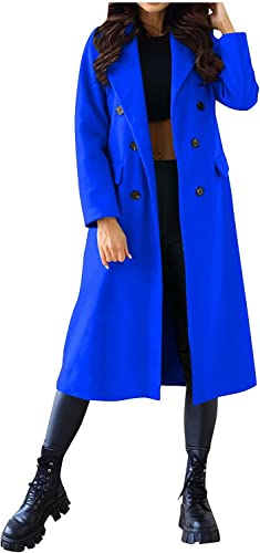 Damen Trenchcoat Langarm Herbst Mantel Langer Mantel Erbsenmantel Winter Damenmantel Revers Tasche Zweireiher Wollmantel Klassischer Mantel (Blau,M) von Vagbalena