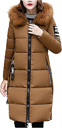 Damen Winterjacke Daunenjacke mit Kapuze dünne leichte faltbare Jacke Mode große Größe durchgehender Reißverschluss Daunenjacke langer Stehkragen langer Erbsenmantel (Kaffee,XL) von Vagbalena