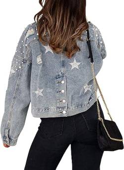 Übergroße Jeansjacke mit Perlen für Damen langärmlig verzierte Jeansjacke mit Sternen bestickte Sterne geprägte Perlen-Jeansjacke (Blau,M) von Vagbalena