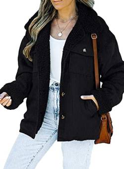 Vagbalena Damen Cordjacke Sherpa Wollpelzkragen Winter Warm Dick Kaschmir gefüttert Warme Cordjacke Klassische Knopf Langarm Jacke (Schwarz,L) von Vagbalena