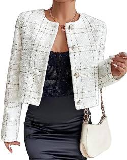 Vagbalena Damen-Damen-Tweed-Jacke schlanke Vintage Langarm-Jacke Tweed Kurze Bluse Strickjacke mit Kragen lässig Blazer Business-Arbeits Kleidung mit Kordel Zug (Weiß,L) von Vagbalena