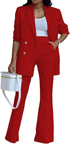 Vagbalena Damen Elegante Business Anzug Anzug Büro Business Hose Mantel Jacke zweiteilig lässig Mode Anzug Set weites Bein Hose Anzug Jacke (Rot,XL) von Vagbalena