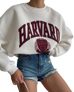 Vagbalena Damen Harvard Brief Print Muster Super David Kleidung Gramm Rundhals Rundhals Langarm lässig locker Pullover Hemd hundert Tops Langarm Sweatshirt (Weiß,S) von Vagbalena