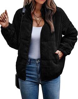 Vagbalena Damen Jacke Cord gerippt gesteppt Reißverschluss Langarm Winterjacke Stehkragen unten Mantel gesteppt Reißverschluss Tasche unten Jacke mit Taschen Oben (Schwarz,XL) von Vagbalena