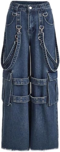 Vagbalena Damen Jeans mit Klappentaschen lockere Drawstring-Jeans klassische lässige Latzhose lockere Passform Vintage Boyfriend-zulaufende Jeans. (Marineblau,M) von Vagbalena