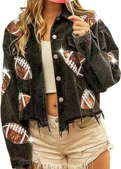 Vagbalena Damen Kordel jacke mit Kordel jacke Team Event Homecoming College Kurz jacke Fußball Pailletten Patch Kurz knopf Raw Edge Jacke Jacke Mantel (Schwarz,L) von Vagbalena