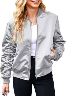 Vagbalena Damen-Satinjacke lässige Steppjacke leichte Jacke leichter Reißverschluss lässiger Stehkragen kurze Jacke Pulloverjacke mit Taschen Windjacke (Silber,L) von Vagbalena