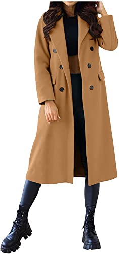 Vagbalena Damen Trenchcoat Langarm Herbst Mantel Langer Mantel Erbsenmantel Winter Damenmantel Revers Tasche Zweireiher Wollmantel Klassischer Mantel (Khaki,S) von Vagbalena