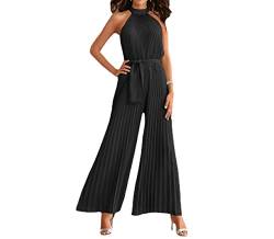 Vagbalena Damen lässige einfarbige Ärmelloses Plissee Jumpsuit mit hängendem Hals und Rückenfrei Knopf Jumpsuit Sexy und schlanke Damen ärmellose breitbeinige Jumpsuits. (Schwarz,M) von Vagbalena