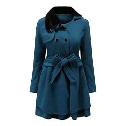 Vagbalena Damen zweireihiger Stehkragen Jacke Revers Pea Coat Winter langer Trenchcoat mit Gürtel Eleganter Swing Coat Winter Trench Long Coat (Navy blau,XXL) von Vagbalena