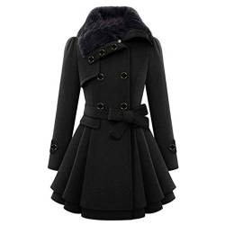 Vagbalena Damen zweireihiger Stehkragen Jacke Revers Pea Coat Winter langer Trenchcoat mit Gürtel Eleganter Swing Coat Winter Trench Long Coat (Schwarz,L) von Vagbalena