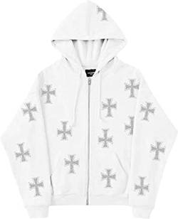 Vagbalena Damenjacke Zip Hoodie Punkjacke Cross Print Übergroßer Hoodie Y2k Loose Zip Hoodie Herrenmode Sweatshirt Paar Streetwear (Weiß,L) von Vagbalena