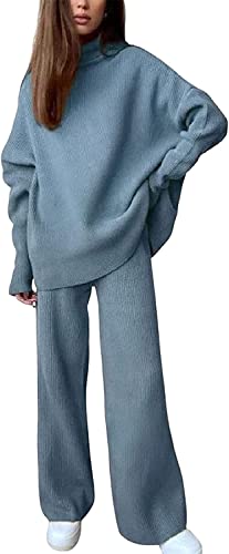 Vagbalena Eleganter Strickanzug für Damen 2-tlg. Rollkragenpullover + Hose gestricktes Sport-Trainings-Set Langärmeliger Rollkragenpullover und weit geschnittene Hose (Blau,XL) von Vagbalena