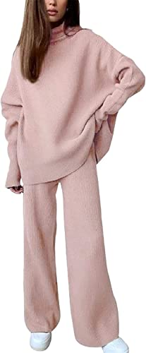 Vagbalena Eleganter Strickanzug für Damen 2-tlg. Rollkragenpullover + Hose gestricktes Sport-Trainings-Set Langärmeliger Rollkragenpullover und weit geschnittene Hose (Rosa,3XL) von Vagbalena