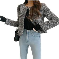 Vagbalena Herbst Damen Einreiher Tweed Jacke Lose Taschen Design Sense Nische Tweed Kurze Bluse Frauen Koreanische Mode Kurze Jacke Kurze Jacke (Schwarz,XL) von Vagbalena