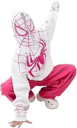 Vagbalena Herren Damen Bedrucktes Muster Sweatshirt Y2k Reißverschluss Hoodie Paar Spinnendruck Vintage Gothic Sportjacke Harajuku Übergroßes Sweatshirt (Weiß,M) von Vagbalena